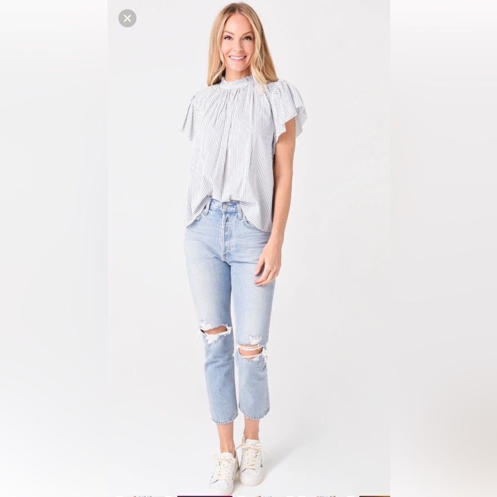Agolde Riley High Rise Straight Crop Distressed Ripped Knee Jeans - Picture 5 of 15